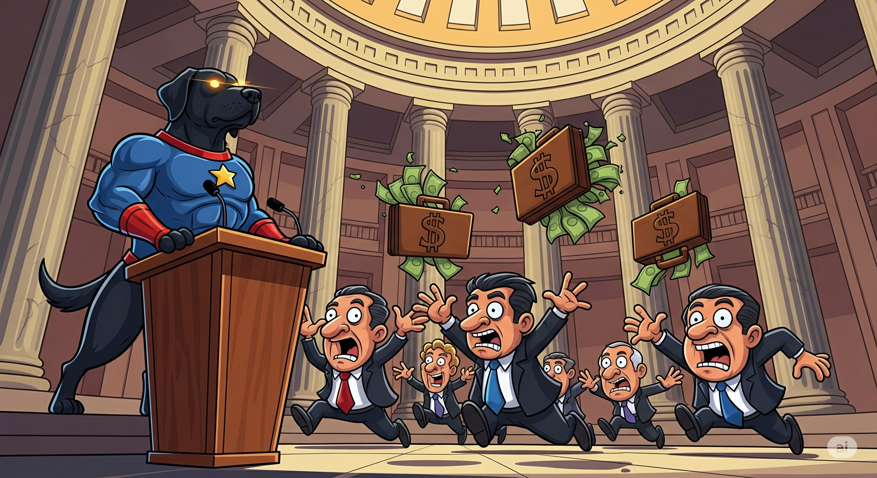 A simple animation showing a newspaper with the headline 'Politician Caught!' catching fire and turning into a rising coin.
